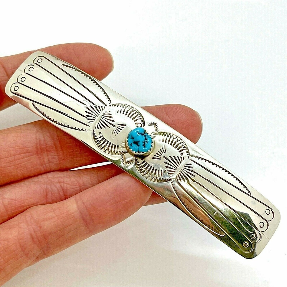 Navajo Hair Barrette Turquoise 4in Large Handmade Stamped Sterling Ornament Clip